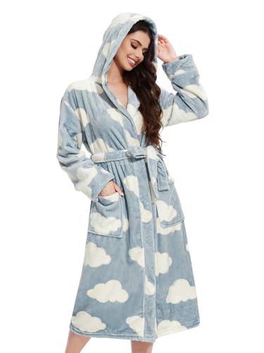 vislivin Bademantel Damen mit Kapuze Flauschig Bademantel Lang Warm Morgenmantel Fleece Robe Women Cloud XL von vislivin