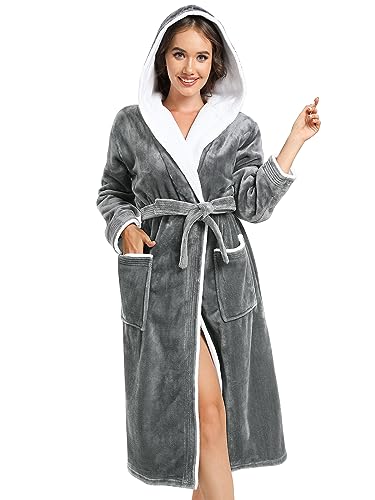 vislivin Bademantel Damen mit Kapuze Flauschig Bademantel Lang Warm Morgenmantel Fleece Robe Women Dark Grey XL von vislivin