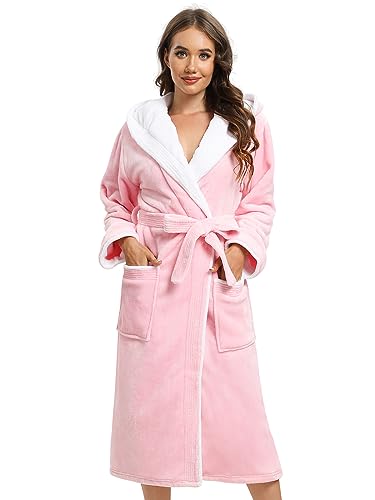 vislivin Bademantel Damen mit Kapuze Flauschig Bademantel Lang Warm Morgenmantel Fleece Robe Women Pink XL von vislivin