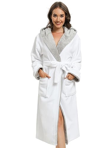vislivin Bademantel Damen mit Kapuze Flauschig Bademantel Lang Warm Morgenmantel Fleece Robe Women White M von vislivin