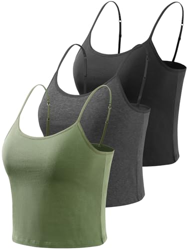 vislivin Crop Tank Top für Damen Baumwolle Unterhemd mit Regal-BH Camisole Ärmelloses Racerback Crop Spaghetti Tops Schwarz/Dunkelgrau/Armeegrün M von vislivin