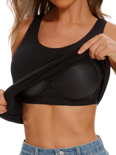 vislivin Damen Unterhemd BH-Hemd Basic Tank Top mit Integriertem BH Oberteil Ärmellos Ribbed Tanktop Black XXL von vislivin