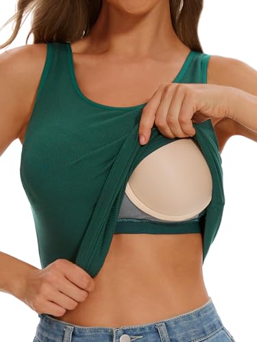 vislivin Damen Unterhemd BH-Hemd Basic Tank Top mit Integriertem BH Oberteil Ärmellos Ribbed Tanktop Blackish Green M von vislivin