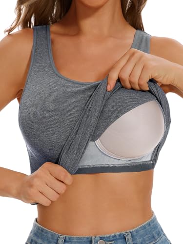 vislivin Damen Unterhemd BH-Hemd Basic Tank Top mit Integriertem BH Oberteil Ärmellos Ribbed Tanktop Dark Grey XXL von vislivin