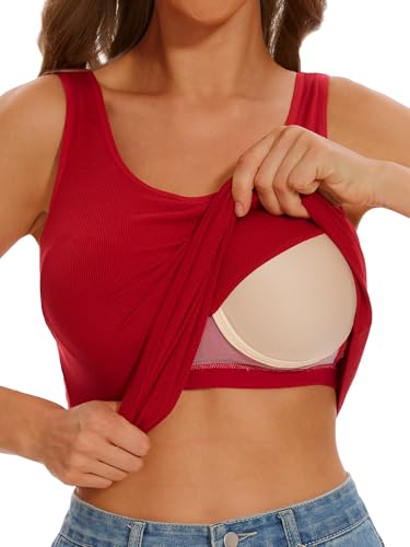 vislivin Damen Unterhemd BH-Hemd Basic Tank Top mit Integriertem BH Oberteil Ärmellos Ribbed Tanktop Wine Red S von vislivin
