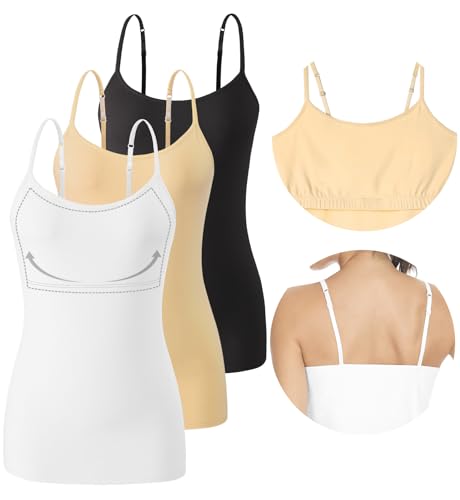 vislivin Damen Unterhemd mit Regal-BH Baumwoll Trägershirt Spaghetti Top Verstellbaren Spaghettiträger Trägertop Schwarz/Beige/Weiß M von vislivin