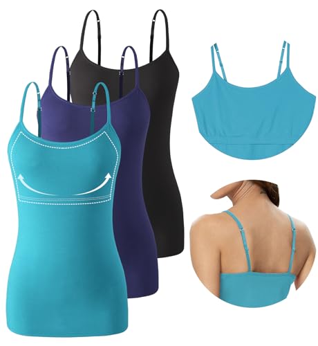 vislivin Damen Unterhemd mit Regal-BH Baumwoll Trägershirt Spaghetti Top Verstellbaren Spaghettiträger Trägertop Schwarz/Dunkelblau/Blau S von vislivin