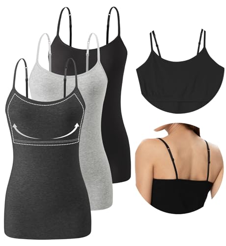 vislivin Damen Unterhemd mit Regal-BH Baumwoll Trägershirt Spaghetti Top Verstellbaren Spaghettiträger Trägertop Schwarz/Grau/Dunkelgrau L von vislivin