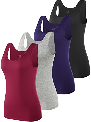 vislivin Elastische Tank Tops für Damen Unterhemden 4er Pack Schwarz/Dunkelblau/Grau/Weinrot L von vislivin