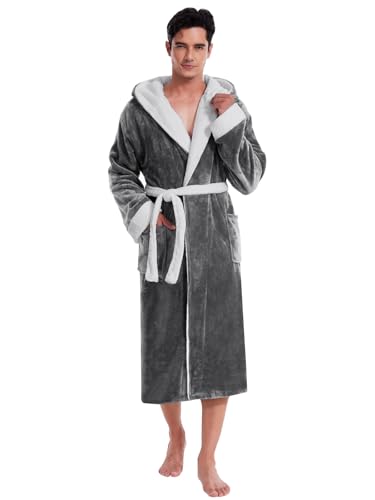 vislivin Flauschig Morgenmantel Herren Lang Bademantel mit Kapuze Plüsch Warme Hausmantel Fleece Bath Robe Dunkelgrau-Weiß L von vislivin