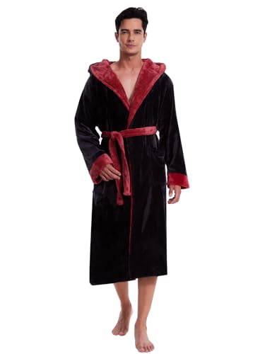 vislivin Flauschig Morgenmantel Herren Lang Bademantel mit Kapuze Plüsch Warme Hausmantel Fleece Bath Robe Schwarz-Weinrot L von vislivin