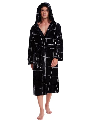 vislivin Flauschig Morgenmantel Herren Lang Bademantel mit Kapuze Plüsch Warme Hausmantel Fleece Bath Robe Schwarz Weiß Streifen M von vislivin