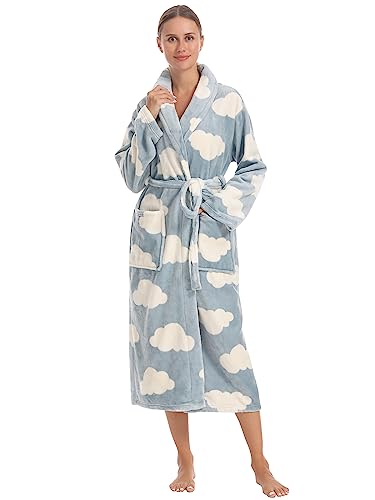 vislivin Fleece Bademantel Damen Lang Bademantel Flauschig Morgenmantel Schalkragen Saunamantel Women Robe Cloud S von vislivin