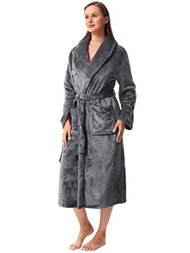 vislivin Fleece Bademantel Damen Lang Bademantel Flauschig Morgenmantel Schalkragen Saunamantel Women Robe Grau S von vislivin