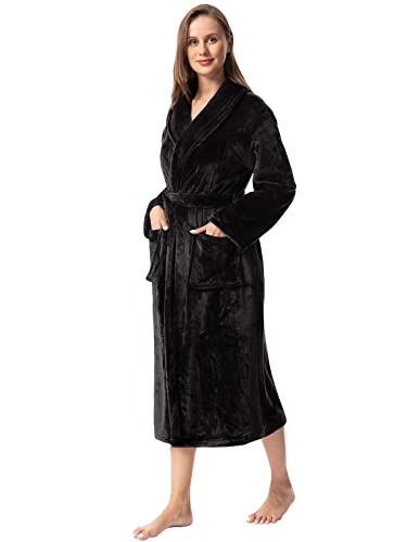 vislivin Fleece Bademantel Damen Lang Bademantel Flauschig Morgenmantel Schalkragen Saunamantel Women Robe Schwarz L von vislivin