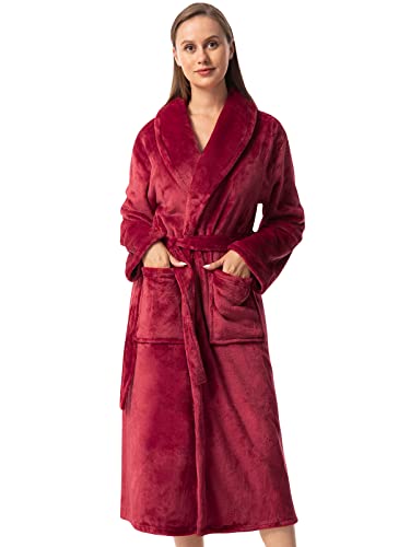 vislivin Fleece Bademantel Damen Lang Bademantel Flauschig Morgenmantel Schalkragen Saunamantel Women Robe Weinrot XL von vislivin