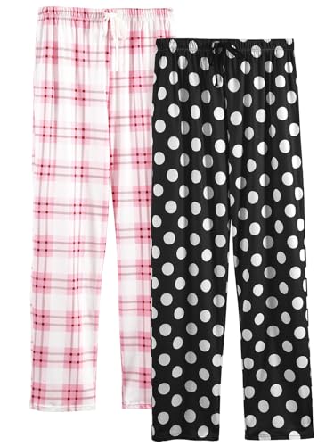 vislivin Freizeithose Damen Lang Schlafanzughose Karierte Pyjamahose Weiche Frauen Hose mit Taschen Rosa Streifen/Dots M von vislivin