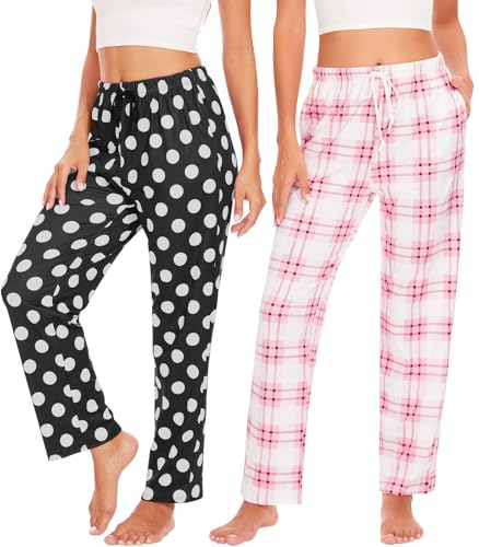 vislivin Lounge Schlafanzughose Damen Lang Karierte Pyjamahose Weich Freizeithose Yogahose mit Taschen und Kordelzug Rosa Streifen/Dots M von vislivin