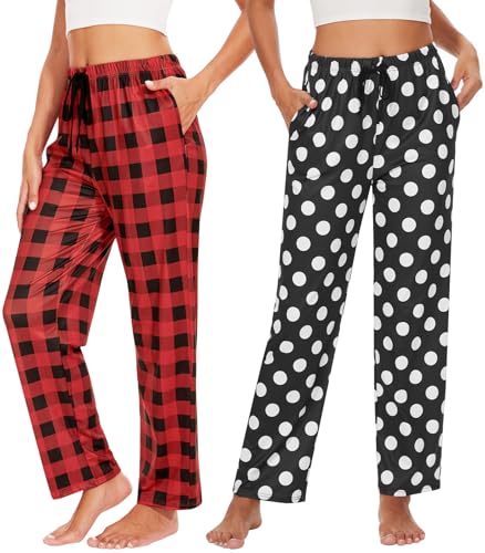 vislivin Lounge Schlafanzughose Damen Lang Karierte Pyjamahose Weich Freizeithose Yogahose mit Taschen und Kordelzug Rot Streifen/Dots L von vislivin