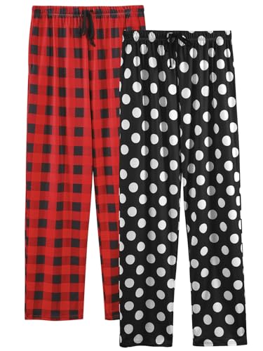 vislivin Freizeithose Damen Lang Schlafanzughose Karierte Pyjamahose Weiche Frauen Hose mit Taschen Rot Streifen/Dots M von vislivin