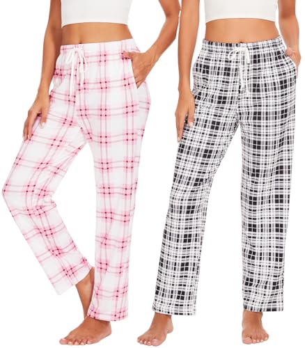 vislivin Lounge Schlafanzughose Damen Lang Karierte Pyjamahose Weich Freizeithose Yogahose mit Taschen und Kordelzug Schwarzer Streifen/Rosa Streifen L von vislivin