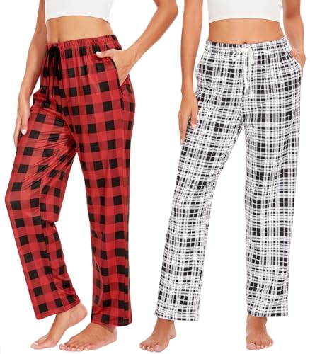 vislivin Lounge Schlafanzughose Damen Lang Karierte Pyjamahose Weich Freizeithose Yogahose mit Taschen und Kordelzug Schwarzer Streifen/Rot Streifen XL von vislivin