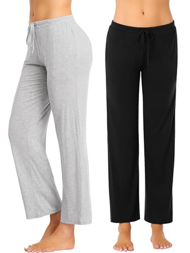 vislivin Schlafanzughose Damen Pyjamahosen Lang Freizeithose Stretch Yogahose Weiche Frauen Nachtwäsche Hosen Schwarz/Grau-1 XL von vislivin