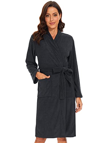 vislivin Leichter Bademantel Damen Frottee Bademantel Sauna Morgenmantel Knielanger Saunamantel Bathrobe Damen Schwarz XL von vislivin