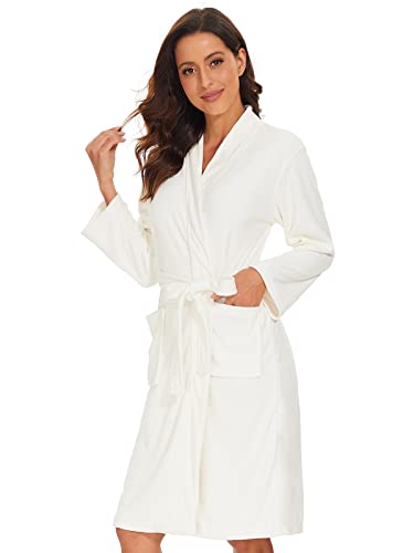 vislivin Leichter Bademantel Damen Frottee Bademantel Sauna Morgenmantel Knielanger Saunamantel Bathrobe Damen Weiß M von vislivin