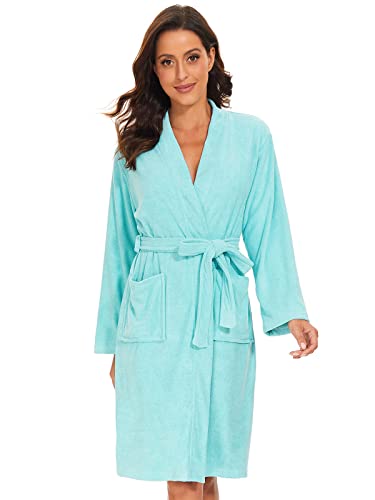 vislivin Leichter Bademantel Damen Frottee Bademantel Sauna Morgenmantel Knielanger Saunamantel Bathrobe Damen Blau L von vislivin