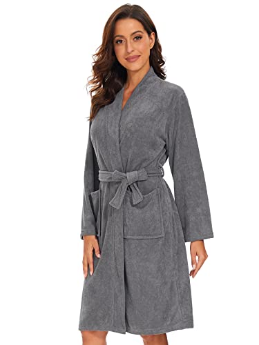 vislivin Leichter Bademantel Damen Frottee Bademantel Sauna Morgenmantel Knielanger Saunamantel Bathrobe Damen Grau S von vislivin