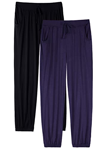 vislivin Schlafanzughose Damen Pyjamahosen Lang Freizeithose Stretch Yogahose Weiche Frauen Nachtwäsche Hosen Schwarz/Dunkelblau M von vislivin