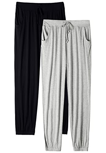 vislivin Schlafanzughose Damen Pyjamahosen Lang Freizeithose Stretch Yogahose Weiche Frauen Nachtwäsche Hosen Schwarz/Grau S von vislivin