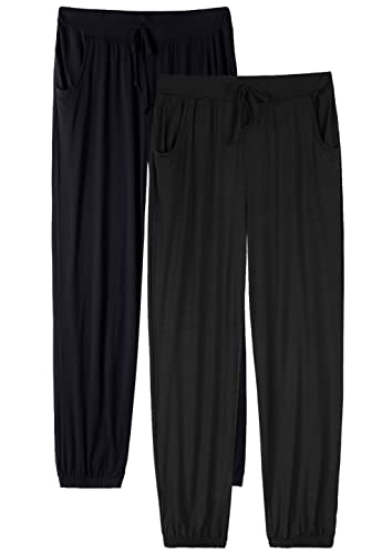 vislivin Schlafanzughose Damen Pyjamahosen Lang Freizeithose Stretch Yogahose Weiche Frauen Nachtwäsche Hosen Schwarz/Schwarz S von vislivin