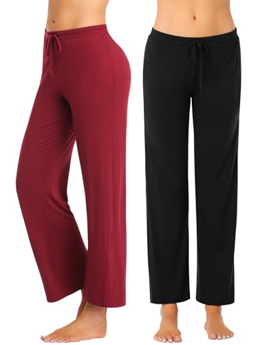 vislivin Schlafanzughose Damen Pyjamahosen Lang Freizeithose Stretch Yogahose Weiche Frauen Nachtwäsche Hosen Schwarz/Weinrot-1 S von vislivin