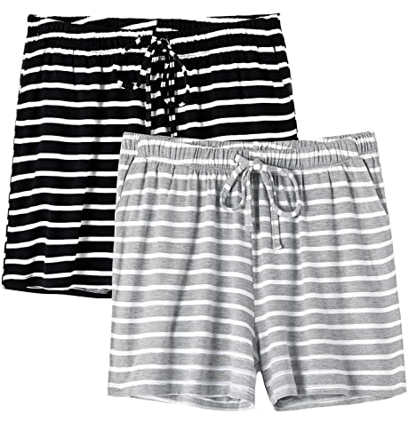 vislivin Pyjamahose für Damen Kurz Schlafanzughose Weicher Freizeit Nachtwäsche Kurz mit Taschen Schwarzer Streifen/Grauer Streifen L von vislivin
