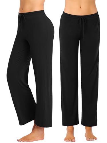 vislivin Schlafanzughose Damen Pyjamahosen Lang Freizeithose Stretch Yogahose Weiche Frauen Nachtwäsche Hosen Schwarz/Schwarz-1 M von vislivin