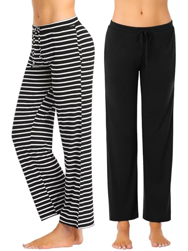 vislivin Schlafanzughose Damen Pyjamahosen Lang Freizeithose Stretch Yogahose Weiche Frauen Nachtwäsche Hosen Schwarz/Schwarz Streifen-1 L von vislivin