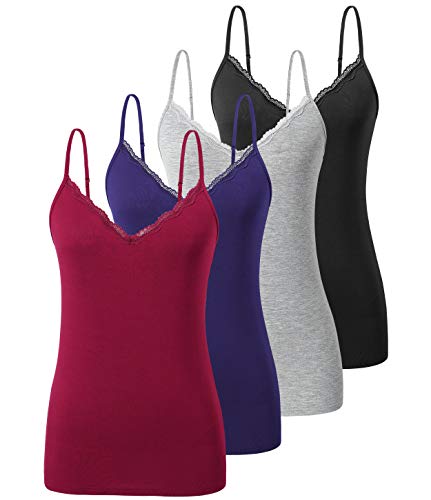 vislivin Schlicht Leibchen für Damen Spitzen Tanktops V-Ausschnitt Verstellbares Cami Sexy Unterhemden 4er Pack Schwarz/Grau/Dunkelblau/Weinrot L von vislivin