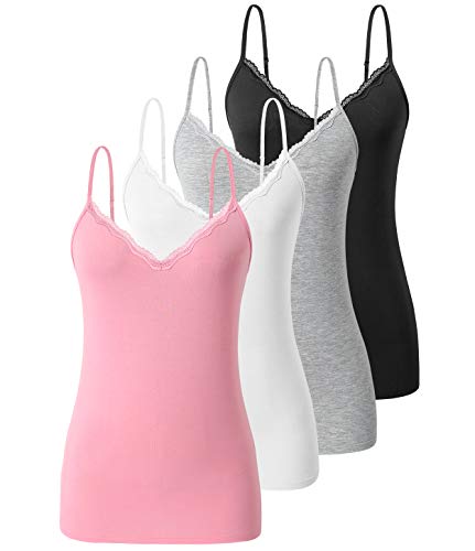 vislivin Schlicht Leibchen für Damen Spitzen Tanktops V-Ausschnitt Verstellbares Cami Sexy Unterhemden 4er Pack Schwarz/Grau/Weiß/Rosa M von vislivin