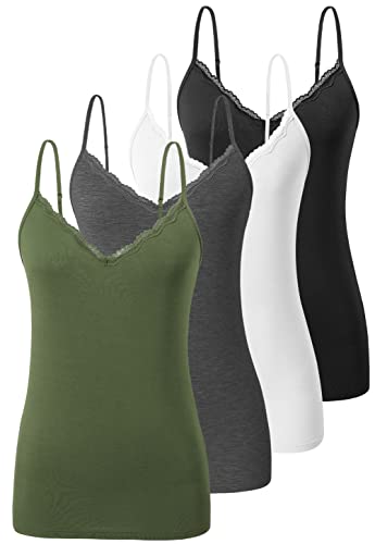 vislivin Schlicht Leibchen für Damen Spitzen Tanktops V-Ausschnitt Verstellbares Cami Sexy Unterhemden 4er Pack Schwarz/Weiß/Dunkelgrau/Armeegrün L von vislivin