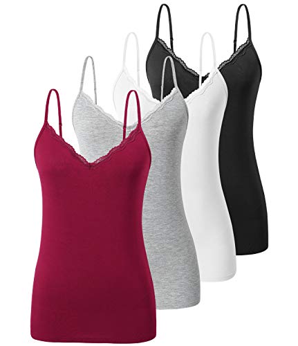 vislivin Schlicht Leibchen für Damen Spitzen Tanktops V-Ausschnitt Verstellbares Cami Sexy Unterhemden 4er Pack Schwarz/Weiß/Grau/Weinrot L von vislivin