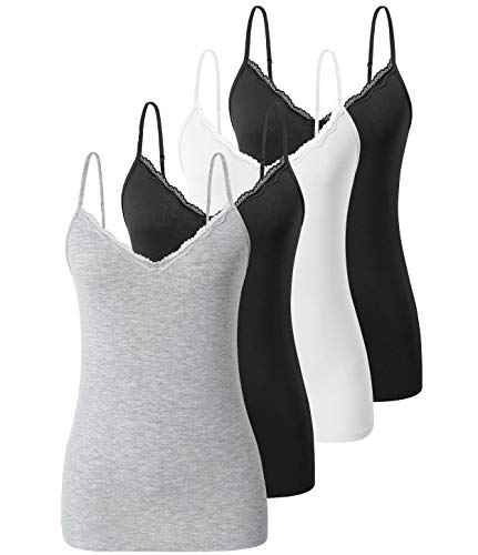 vislivin Schlicht Leibchen für Damen Spitzen Tanktops V-Ausschnitt Verstellbares Cami Sexy Unterhemden 4er Pack Schwarz/Weiß/Schwarz/Grau L von vislivin