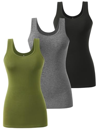 vislivin Tank Top Damen Baumwolle Tanktops Basic Unterhemden Ärmelloses Workout Tops Schwarz/Dunkelgrau/Armeegrün L von vislivin