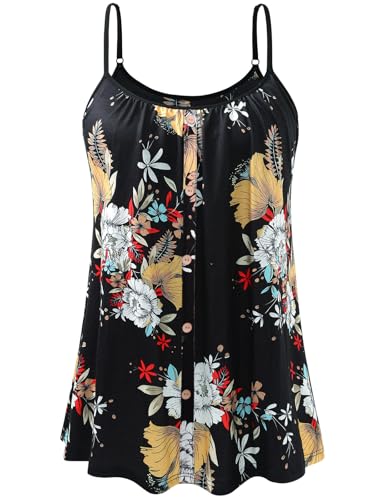 vislivin Top Damen Sommer mit Integriertem BH Spaghetti Tank Tops Loose Unterhemd Cami Oberteile Knopf Ärmellose Bluse Trägertops Black Flower M von vislivin