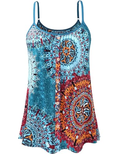 vislivin Top Damen Sommer mit Integriertem BH Spaghetti Tank Tops Loose Unterhemd Cami Oberteile Knopf Ärmellose Bluse Trägertops Blue Flower M von vislivin