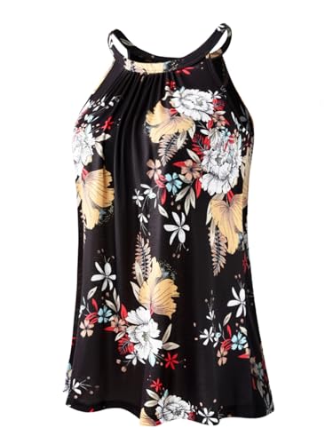 vislivin Top mit Integriertem BH Damen Sommer Tank Tops Unterhemd Loose Casual Blusen Ärmellos Neckholder Oberteile Tanktop Black Flower S von vislivin