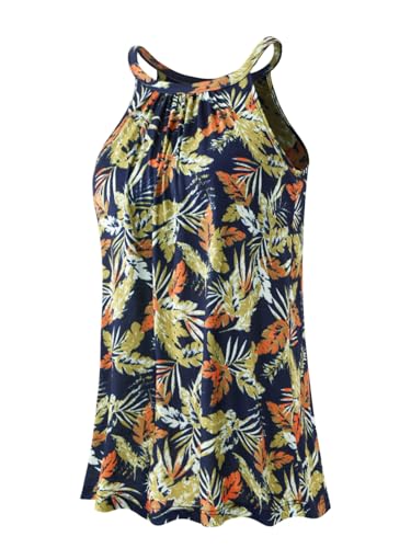 vislivin Top mit Integriertem BH Damen Sommer Tank Tops Unterhemd Loose Casual Blusen Ärmellos Neckholder Oberteile Tanktop Yellow Leaf XXL von vislivin