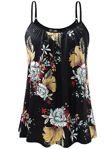 vislivin Top mit Integriertem BH Damen Unterhemd Spaghettiträger Tops Loose Tank Ärmellose Bluse Trägertops S-XXXXL Black Flower M von vislivin