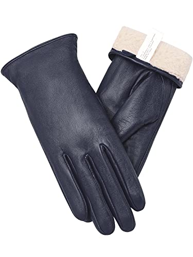 vislivin Vollhand Touchscreen-Handschuhe für Damen Leder Handschuhe Warmer Winter SMS Autofahren Handschuh Dunkelblau L von vislivin